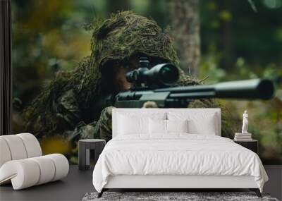 Camouflage sniper aiming in dense forest. Soldier tactical rifle precision Wall mural