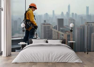 Construction Worker in Safety Gear Overlooking City Skyline Wall mural