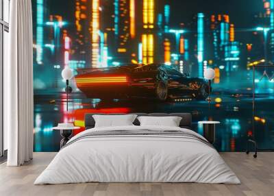 Futuristic car in neon-lit cityscape at night. Automotive cyberpunk Wall mural