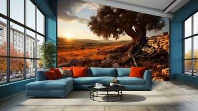 olive tree at sunset in a mediterranean countryside Wall mural