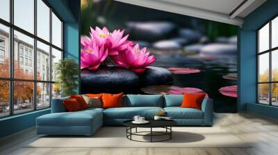 Pink water lilies blooming on black stones in tranquil pond Wall mural