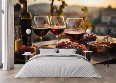 romantic intimate moment at sunset with glasses of wine in a vineyard Wall mural