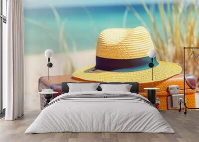 SUITCASE AND HAT ON THE BEACH GENERATIVE AI Wall mural