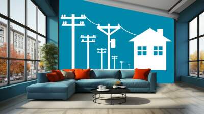 Electric poles power transmit electricity to city home icon on blue background flat vector design. Wall mural