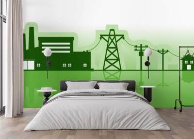 Green power plant generates electricity to transmit electricity to electric poles and house icon flat vector. Wall mural