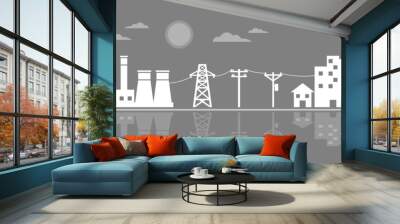 Power plant generates electricity to transmit electricity to power electric poles and house city on grey background icon flat vector design. Wall mural