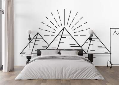 Three egypt ancient pyramids of giza are egyptian pharaoh tomb with light ray on white background line outline vector black icon design. Wall mural