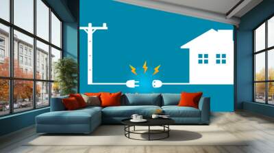 White voltage power electric pole to transmit electricity to house or home power failure outage plug and socket unplug on blue background icon flat vector design. Wall mural