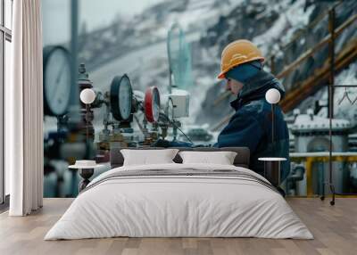  geothermal engineer monitoring the gauges of a power plant,  Wall mural