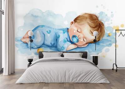 A beautiful watercolor illustration of a sleeping baby boy in blue pajamas with a pacifier. Perfect for nursery decor or baby-themed designs. Wall mural