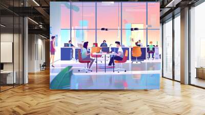 A dynamic 2D animation of a modern office with employees in various work activities. The scene includes characters at desks, a meeting in progress, and a casual break area, all illustrated with  Wall mural