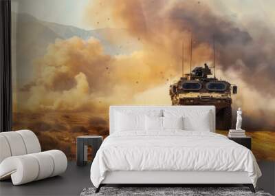 a generic military armored vehicle crosses minefields and smoke in the desert on a wide poster desig Wall mural