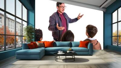 A teacher passionately explaining a concept to a group of attentive students.  The teacher is standing, while the students are seated, creating a dynamic classroom scene. Wall mural