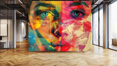 Abstract pop art portrait of young charming woman girl face in vintage collage style Wall mural