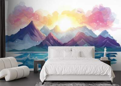 Beautiful watercolor painting of a sunrise over a mountain landscape with vibrant colors and serene water reflections. Wall mural