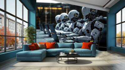 Creative AI image of a group of robots in a company sitting at a table and working with a laptop while looking at a screen in a modern office and using a prosthetic device. without humans Wall mural