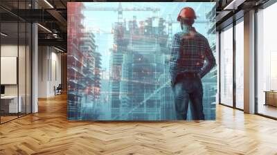 Future building construction engineering and technology project concept. double exposure graphic with engineer using digital tablet and smart industry and IOT software to control operation  Wall mural