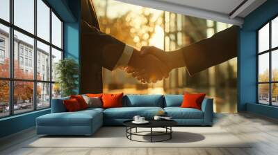 handshake between two businesspeople in a modern office setting, symbolizing a successful deal or partnership.  Wall mural