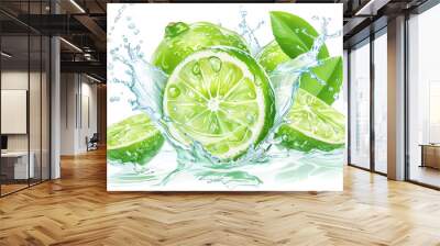 
illustration of fresh lime fruit with water splash on white background on white background. Wall mural