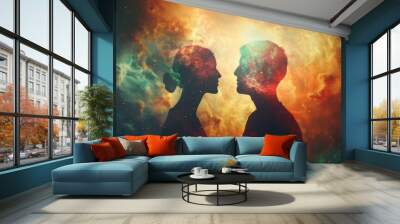 Man and woman silhouettes at abstract cosmic background. Human souls couple in love.
 Wall mural