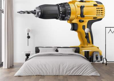 Yellow cordless power drill with black accents and adjustable settings; perfect for home improvement and construction projects. Wall mural