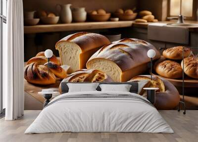 Variety of bread buns on table in baker shop, various bakery items pottery blurred background, concept world bread day, world food day, October 16th, copy space Wall mural