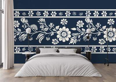 A blue and white floral design with a white border Wall mural