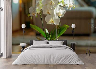 A white flower pot with a white flower in it sits on a rug Wall mural