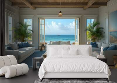 Beach house living room - white furniture - light blue and brown accents - water themed artwork - meticulous symmetry - perfectly centered composition - ocean - vacation home - getaway - holiday  Wall mural