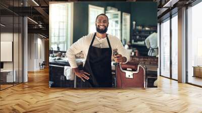 Barber shop, hair clipper and black man portrait of an entrepreneur with a smile. Salon, professional worker and male person face with happiness and proud from small business and beauty parlor Wall mural