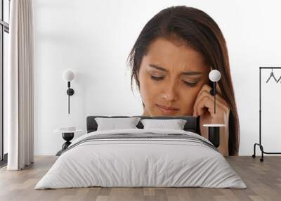 Stress, frustrated and a woman with a headache, burnout and model isolated on a white studio background. Person, anxiety and girl with a migraine and massaging temples with fatigue or tired with pain Wall mural