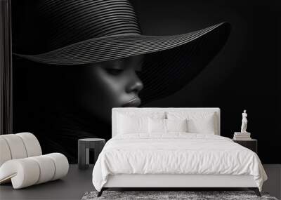 Black and white photograph - black female wearing a dark hat - side profile - stylish rendering - fashion presentation  Wall mural