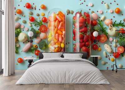 Colorful capsules fruits vegetables health concept vivid background pill shapes bright nutrition wellness arrangement Wall mural