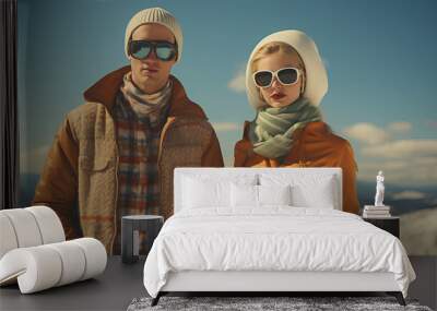 Eccentric and quirky couple dressed n warm winter clothes - cold - freezing - snow - offbeat style - offbeat fashion - meticulously centered - extreme blue skies  Wall mural