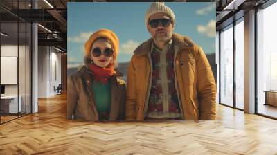 Eccentric and quirky couple dressed n warm winter clothes - cold - freezing - snow - offbeat style - offbeat fashion - meticulously centered - extreme blue skies  Wall mural