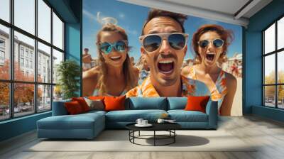 Friends at a tropical beach - vacation - resort - trip - travel - ocean - getaway - escape - summer fun - stylish fashion - quirky charm - selfie - close-up Wall mural