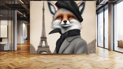 Grey Fox Tourist with a Beret in Paris Generative AI Artwork  Wall mural