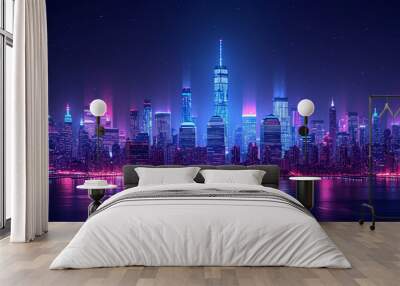 Line art - cityscape - skyline - neon lights - bright lights - water - coastal - bay - inlet - harbor - office buildings - skyscrapers - architecture  Wall mural