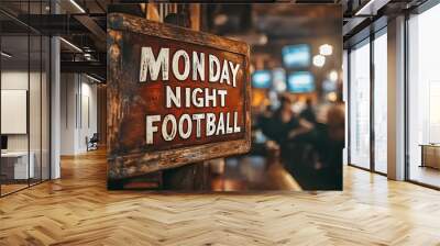 Sign that reads “MONDAY NIGHT FOOTBALL”. - bar - pub - televisions - wings - bar stools - rustic - hole in the wall - sports bar  Wall mural