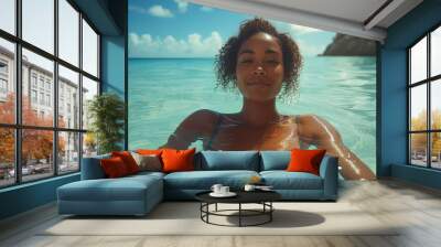 Spring break - summer vacation - holiday - getaway - trip - travel - escape - resort - beach - ocean - tropical - young woman having fun - blue water - white sand Wall mural