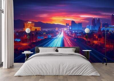 Street at night in the city of a resort town in the desert - gambling - resort - neon lights - inspired by the sights of Las Vegas - sin - vacation - holiday - getaway - escape Wall mural