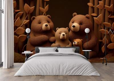 Claymation bear family in a forest. Generative AI. Wall mural