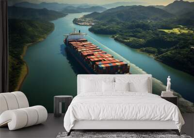 Illustration of a container ship in the Panama Canal. Generative AI.  Wall mural