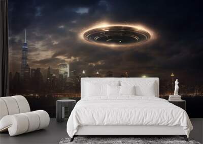 Illustration of a UFO over an american city, Generative AI.  Wall mural