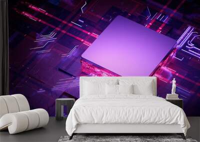 3D rendering of cyberpunk AI. Circuit board. Technology background. Central Computer Processors CPU and GPU concept. Motherboard digital chip. Tech science background. Wall mural