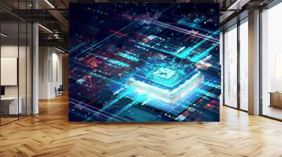 3D rendering of cyberpunk AI. Circuit board. Technology background. Central Computer Processors CPU and GPU concept. Motherboard digital chip. Tech science background. Wall mural