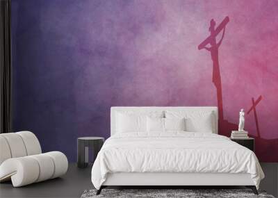 A silhouette of Jesus Christ being crucified on the cross at Calvary. Symbolic of Good Friday. In wide format.
 Wall mural