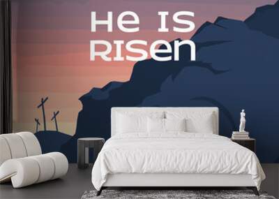 He is risen. Square image depicting the empty tomb, celebrating the resurrection of Jesus Christ, on Easter Sunday. Calvary in background as sun rises.  Wall mural