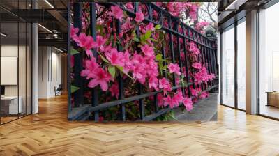 Beautiful bright pink azaleas line a wrought iron fence Wall mural