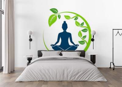 Circular swoosh with nature leaf and women yoga Wall mural